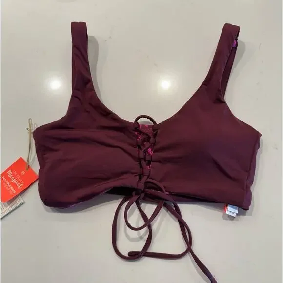 Maaji Size Medium Reversible Burgundy Animal Print Lace Up Swim Top - Picture 3 of 11